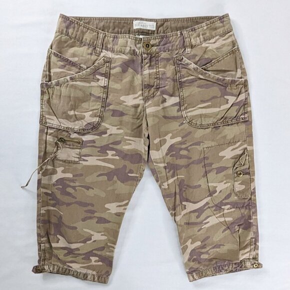Y2k Green Brown Camo Cargo Pocket Tie Button Leg Capris Utility - Picture 1 of 8